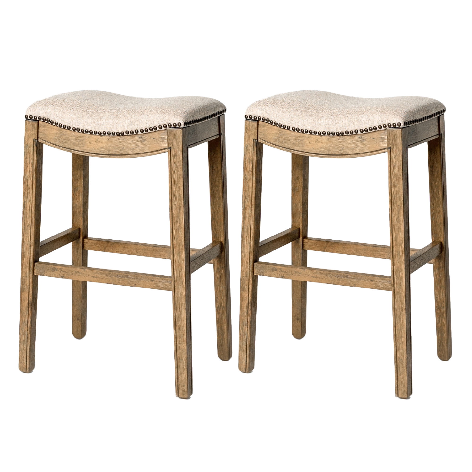 Adrien Natural Wirebrush Wood Saddle Barstool with Cream Cushion, Set of 2