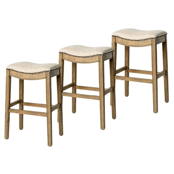 Maven Lane Adrien Backless Saddle Kitchen Stool, Natural Wood, Set of 3