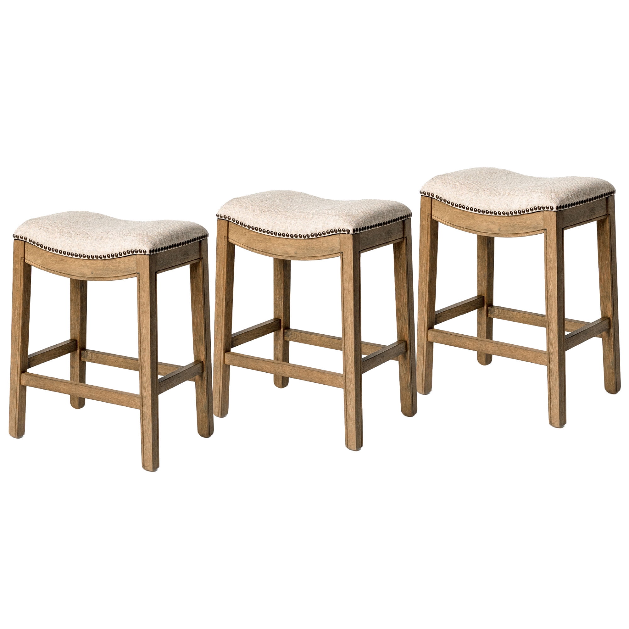 Natural Wood Backless Saddle Counter Stools, Set of 3