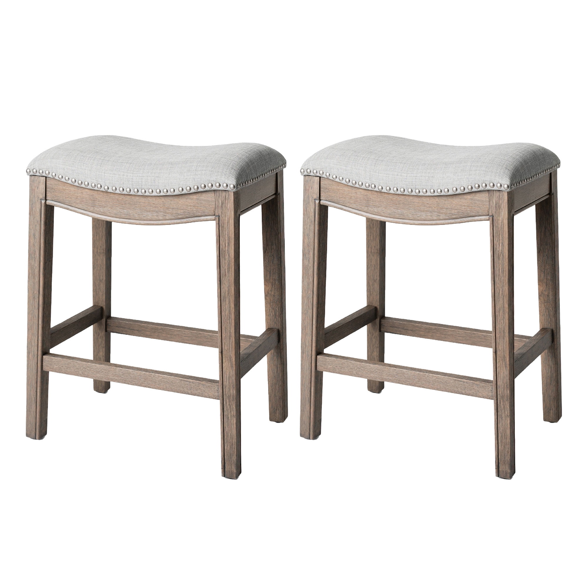 Adrien Gray Upholstered Backless Saddle Wood Counter Stools, Set of 2