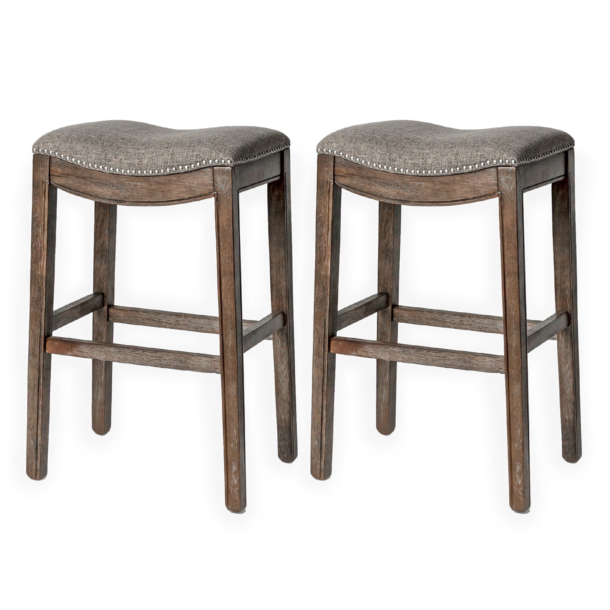 Adrien 31" Gray Wirebrush Wood Saddle Bar Stool, Set of 2