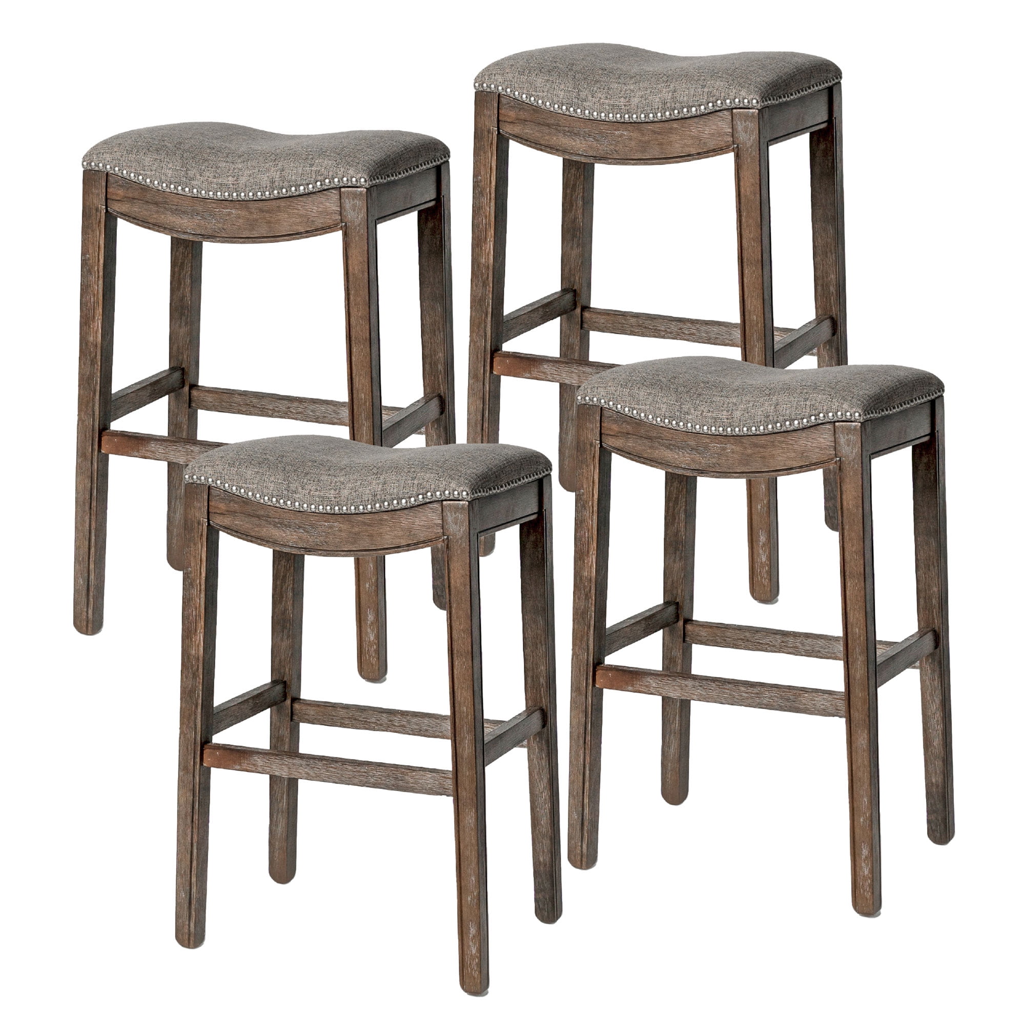 Elegant Gray Wirebrush Wood Saddle Kitchen Stool, Set of 4