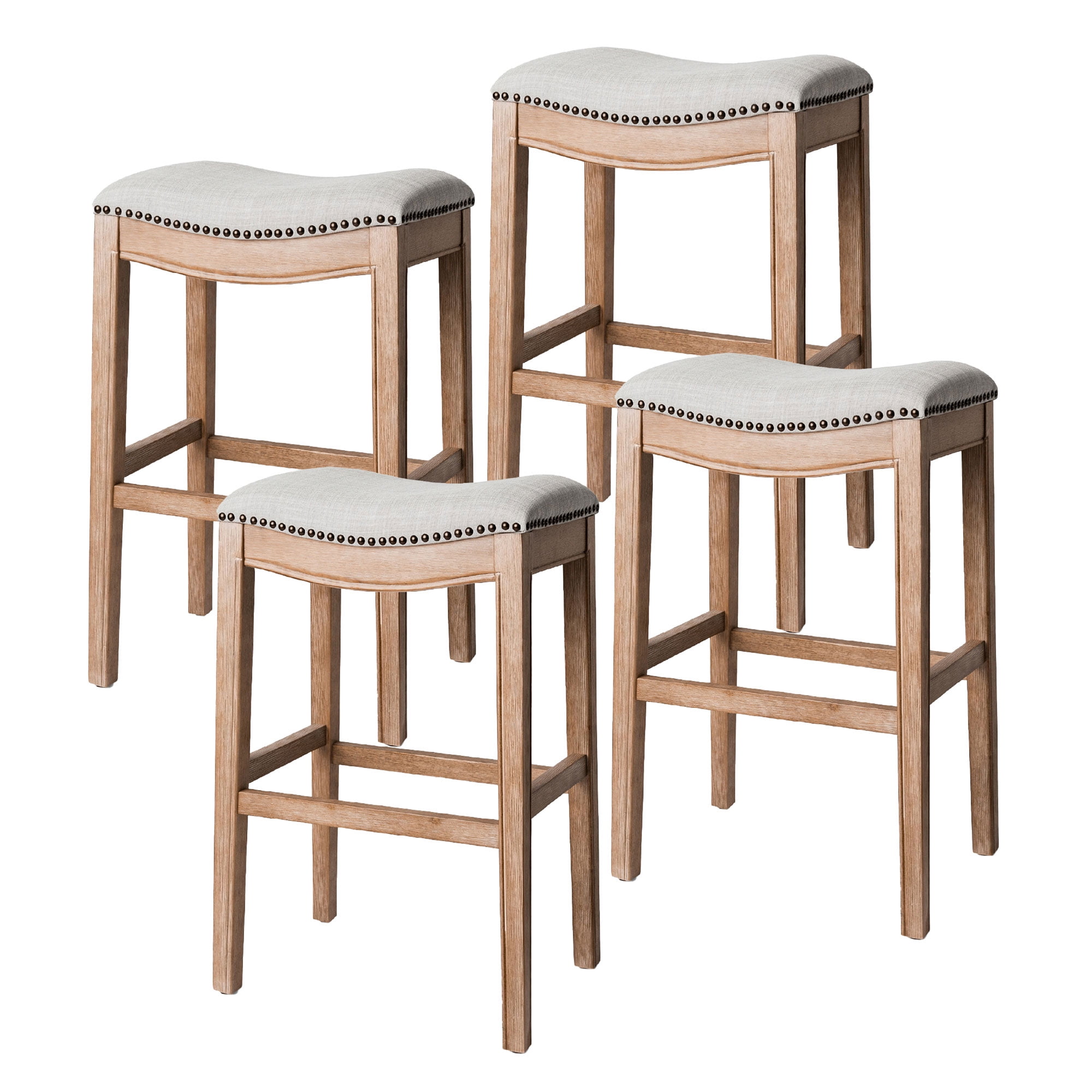 Weathered Oak Backless Saddle Bar Stools, Set of 4