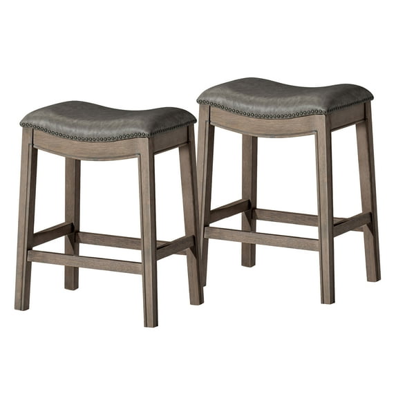 Maven Lane Adrien Counter Stool, Reclaimed Oak, Ronan Stone Vegan Leather, Set of 2