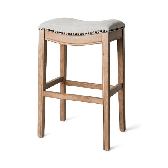 Maven Lane Adrien Saddle Bar Stool In Weathered Oak Finish With Sand Color Fabric Upholstery
