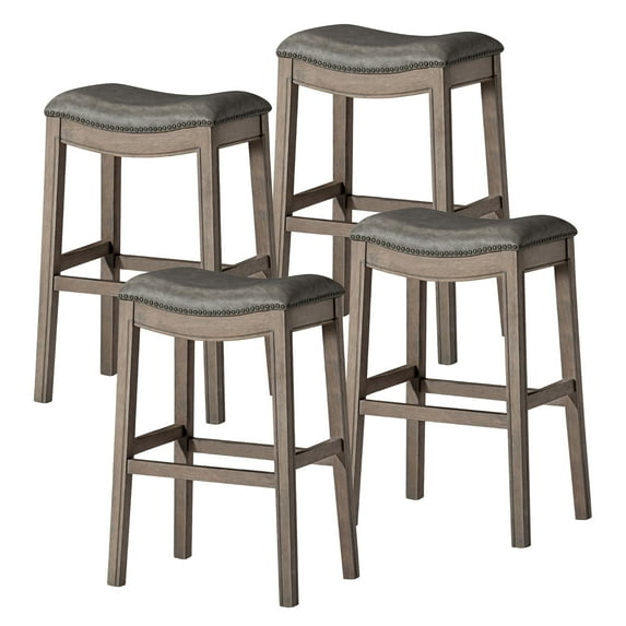Maven Lane Adrien Saddle Barstool, Reclaimed Oak w/ Ronan Stone Vegan Leather