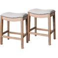 thumbnail image 1 of Maven Lane Adrien Saddle Counter Stool In Weathered Oak Finish With Sand Color Fabric Upholstery, Set of 2, 1 of 1