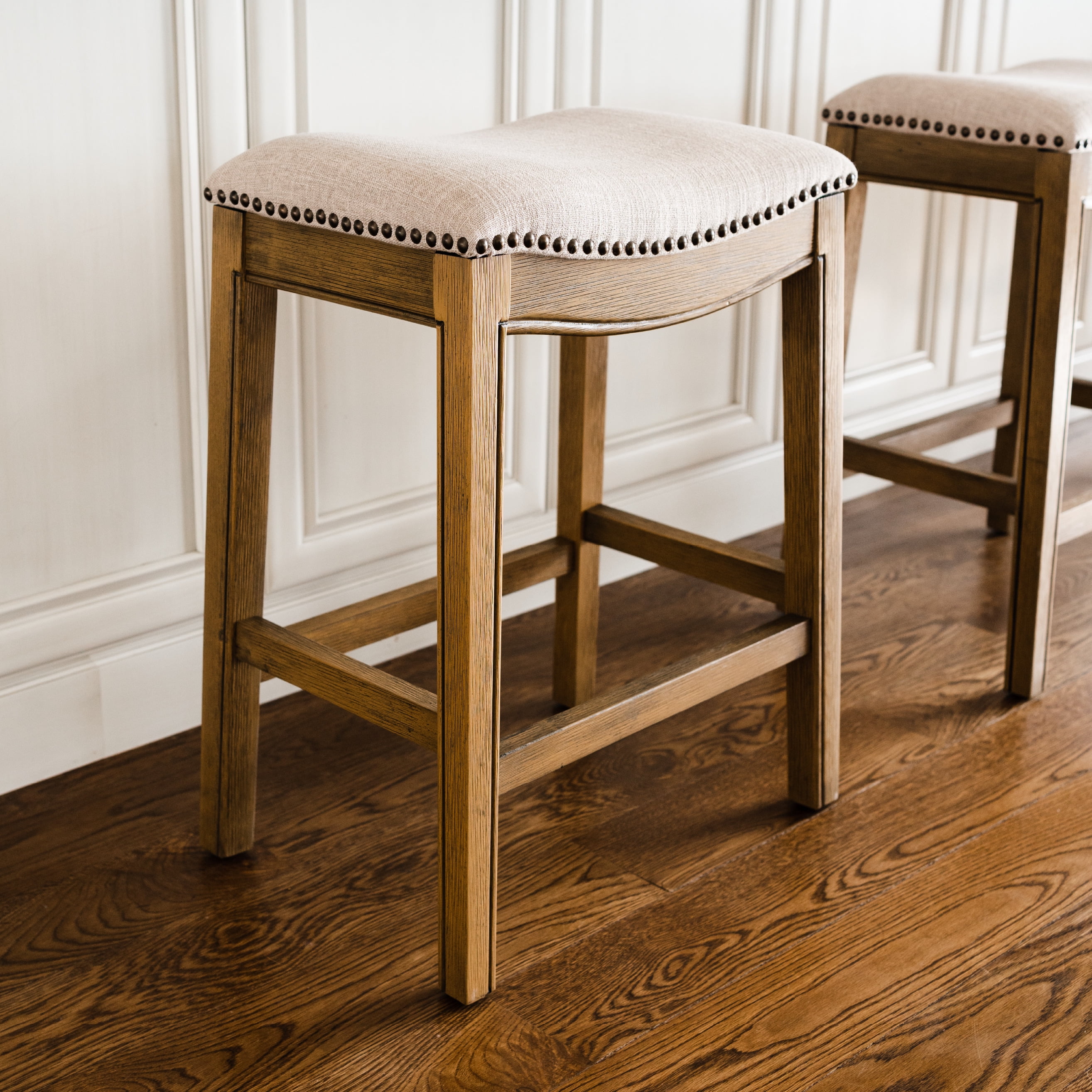 Natural Wood Backless Saddle Counter Stool with Cream Upholstery