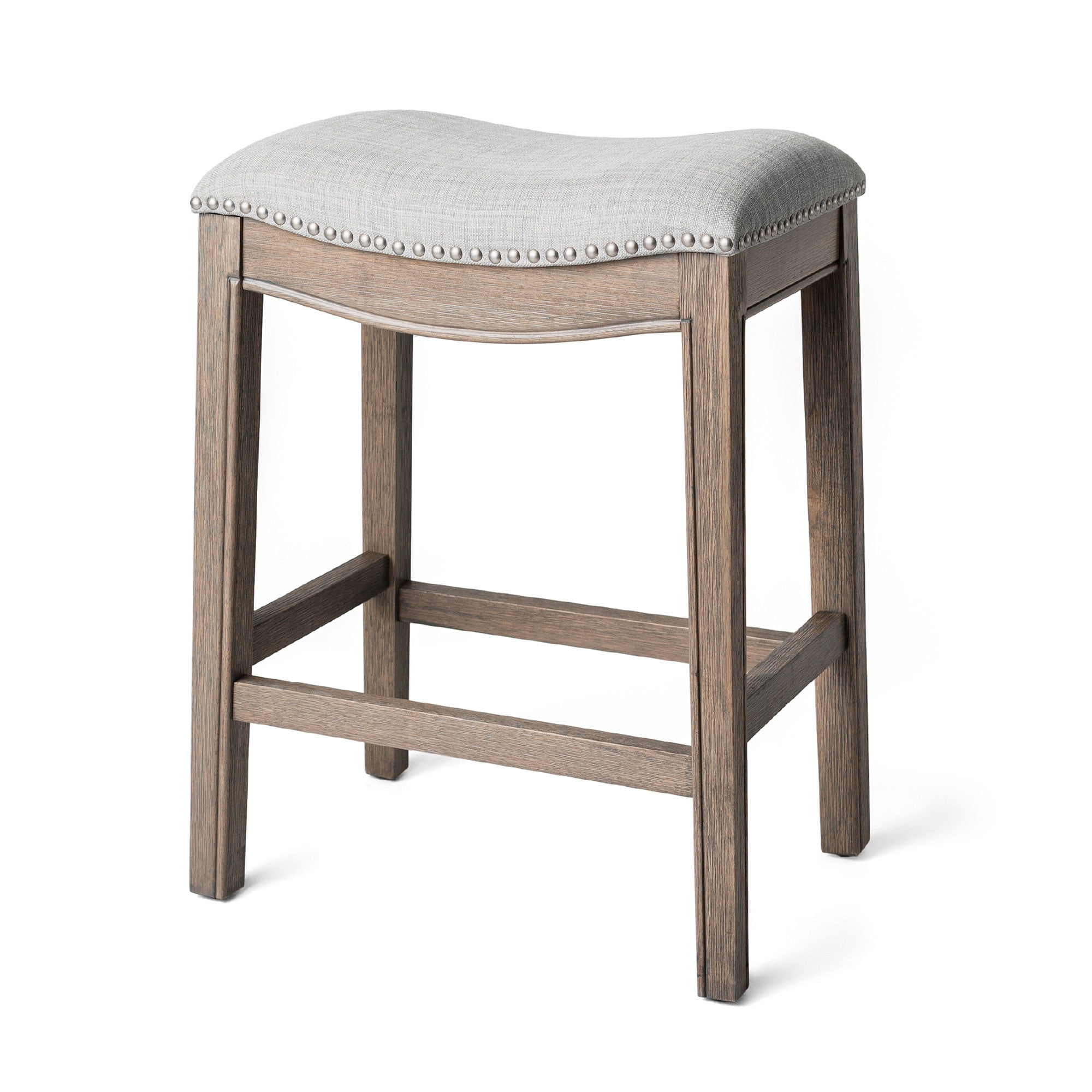 Adrien Reclaimed Oak Backless Saddle Counter Stool with Grey Fabric Upholstery
