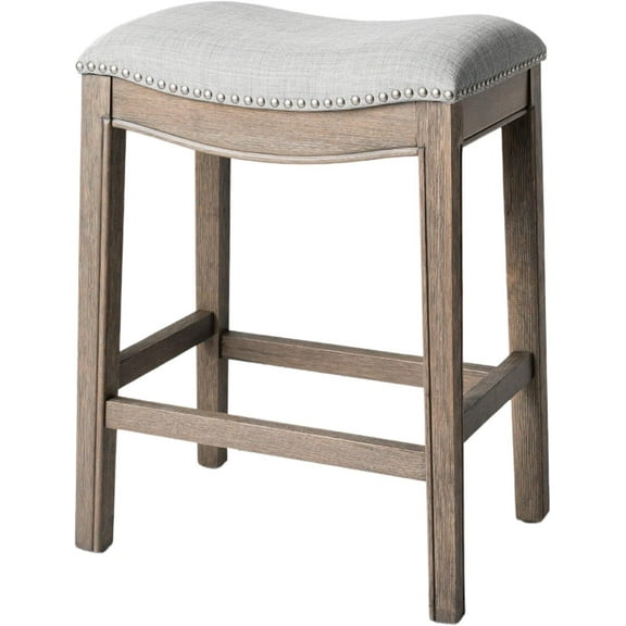 Maven Lane Adrien Saddle Counter Stool In Reclaimed Oak Finish With Ash Grey Fabric Upholstery