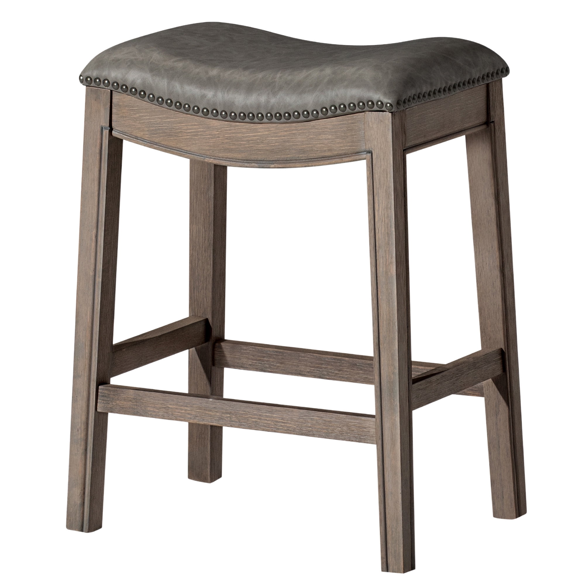 Reclaimed Oak Saddle Counter Stool with Gray Vegan Leather