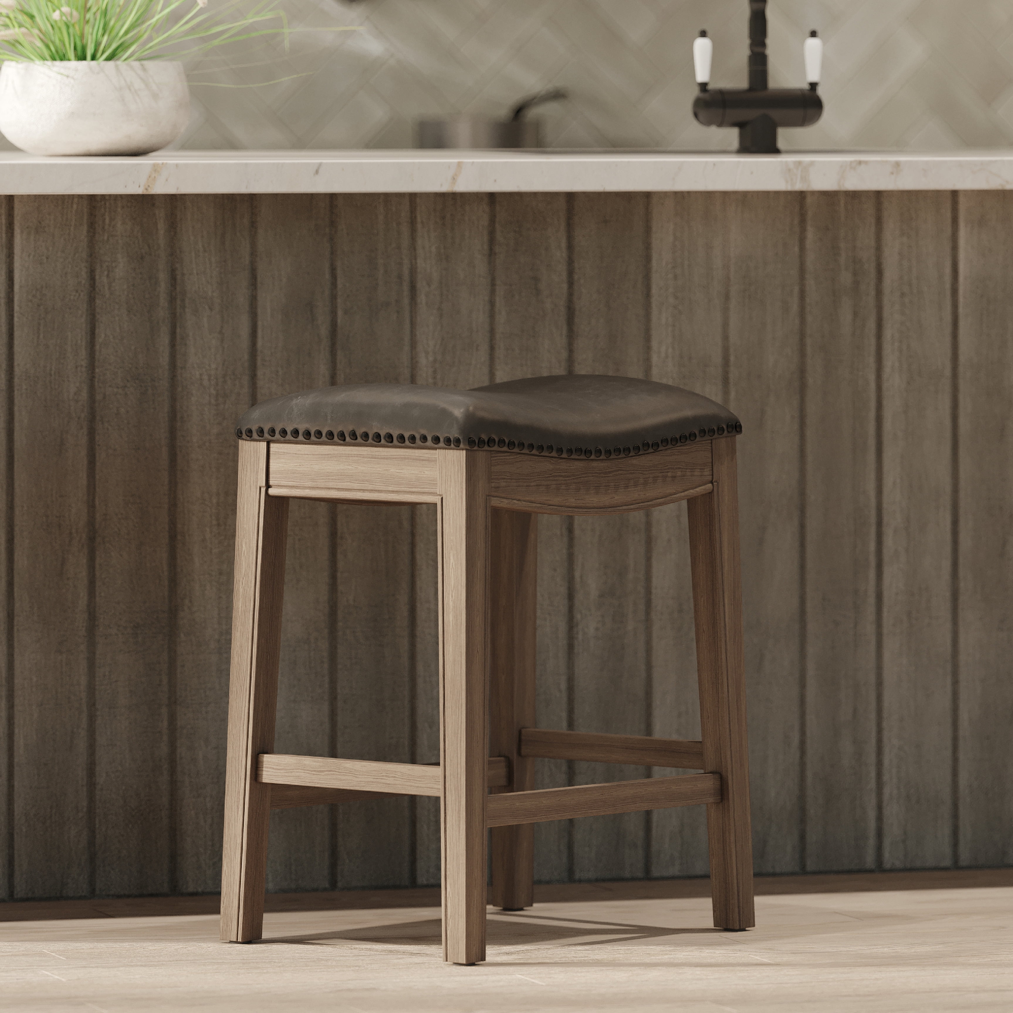 Reclaimed Oak Saddle Counter Stool with Gray Vegan Leather