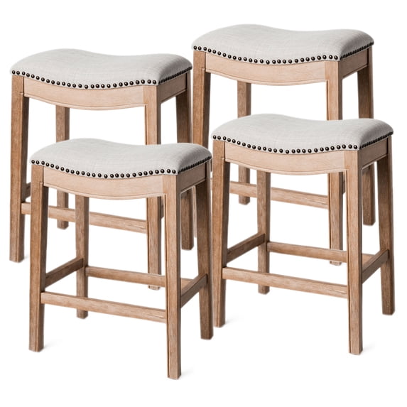 Maven Lane Adrien Saddle Counter Stool in Weathered Oak Finish w/ Sand Color Fabric Upholstery, Set of 4