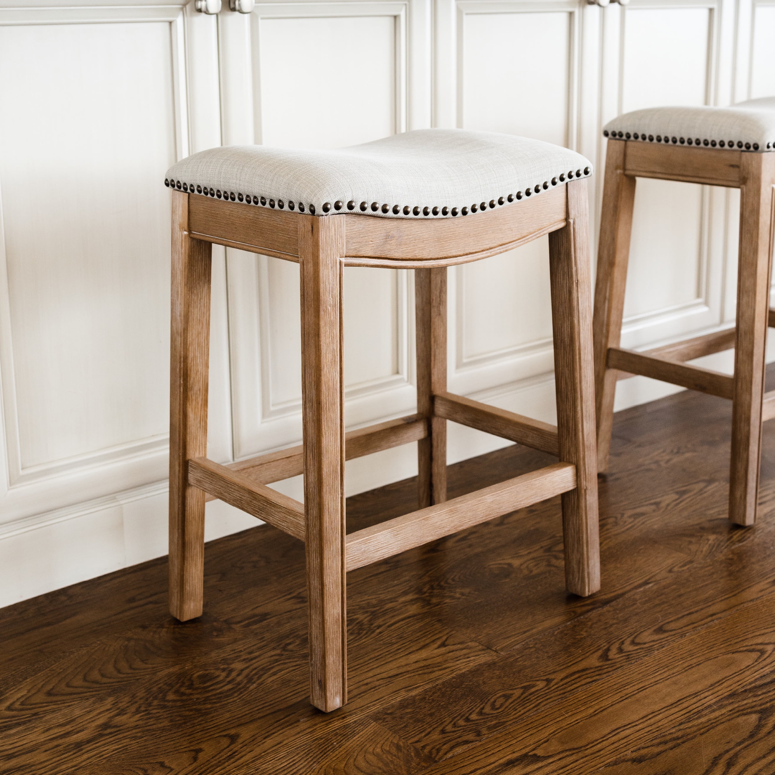Weathered Oak Backless Saddle Kitchen Stool with Nailhead Trim