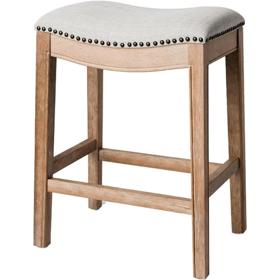Maven Lane Adrien Saddle Counter Stool In Weathered Oak Finish With Sand Color Fabric Upholstery