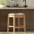 thumbnail image 1 of Maven Lane Adrien 26" Wood Counter Height Stool - Handcrafted Weathered Oak Finish with Avanti Bone Vegan Leather Upholstered Saddle Seat for Comfort - Durable Barstool for Kitchens, Dining Rooms, 1 of 7