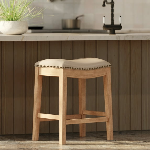 Maven Lane Adrien 26" Wood Counter Height Stool - Handcrafted Weathered Oak Finish with Avanti Bone Vegan Leather Upholstered Saddle Seat for Comfort - Durable Barstool for Kitchens, Dining Rooms