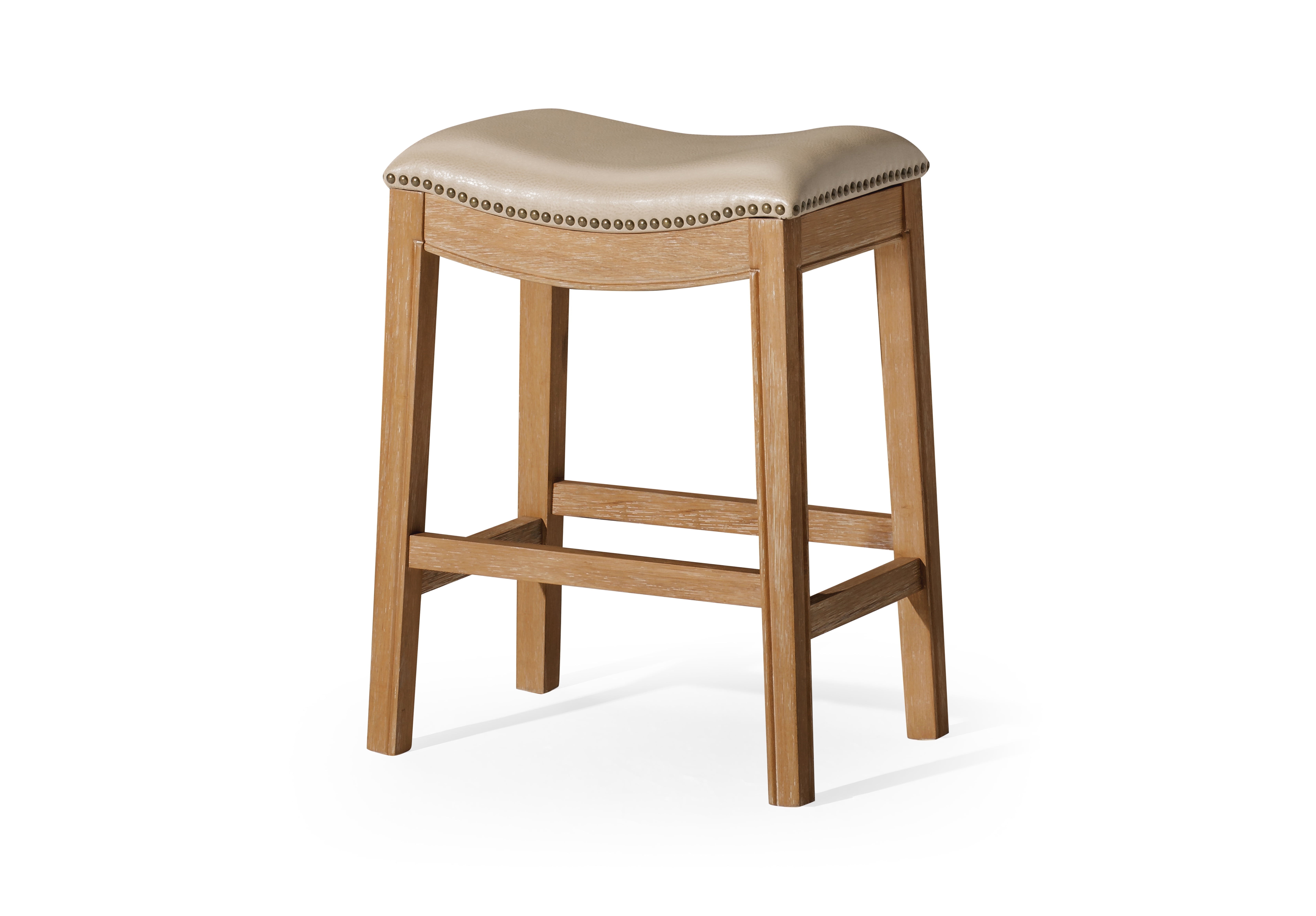 Weathered Oak Backless Saddle Barstool with Vegan Leather Seat