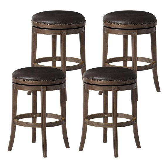 Maven Lane Alexander 31 Inch Tall Bar Height Rotating Backless Barstool in Walnut Finish with Marksman Saddle Vegan Leather Upholstered Seat, Set of 4