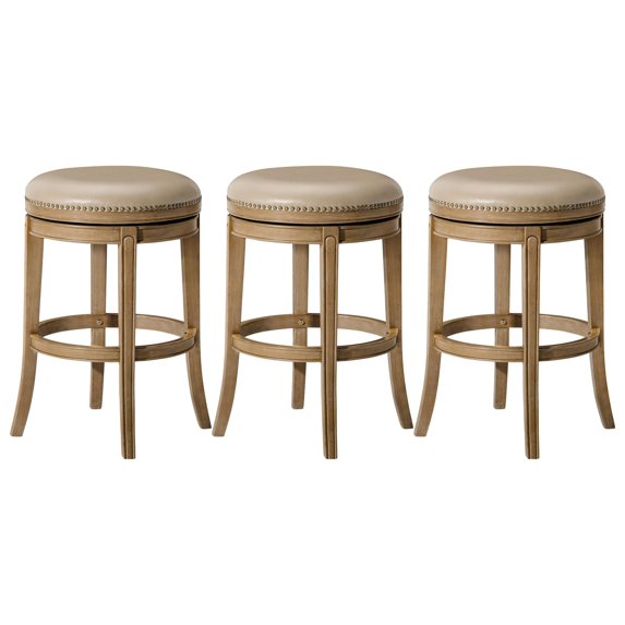 Maven Lane Alexander 31 Inch Tall Bar Height Rotating Backless Barstool in Weathered Oak Finish with Avanti Bone Vegan Leather Seat, Set of 4
