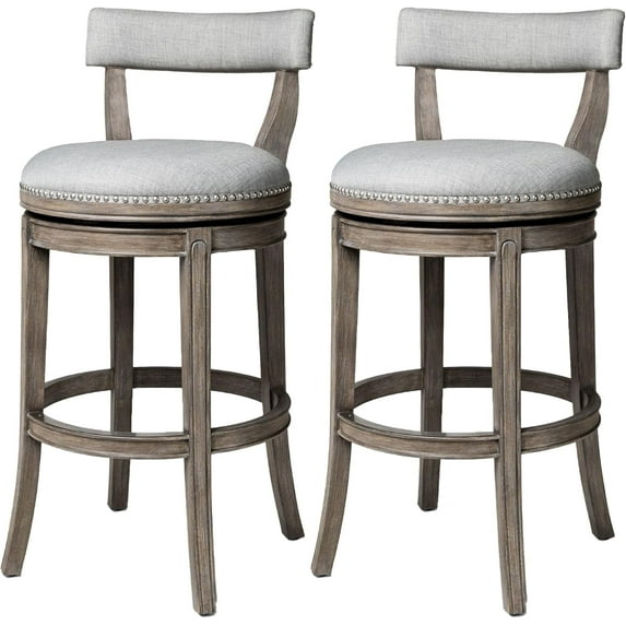 Maven Lane Alexander 31 Inch Tall Bar Height Rotating Low Back Barstool in Reclaimed Oak Finish with Ash Grey Fabric Upholstery Seat, Set of 2