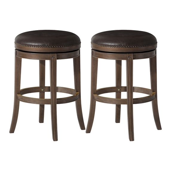 Maven Lane Alexander Backless Bar Stool, Walnut Finish & Vegan Leather, Set of 2