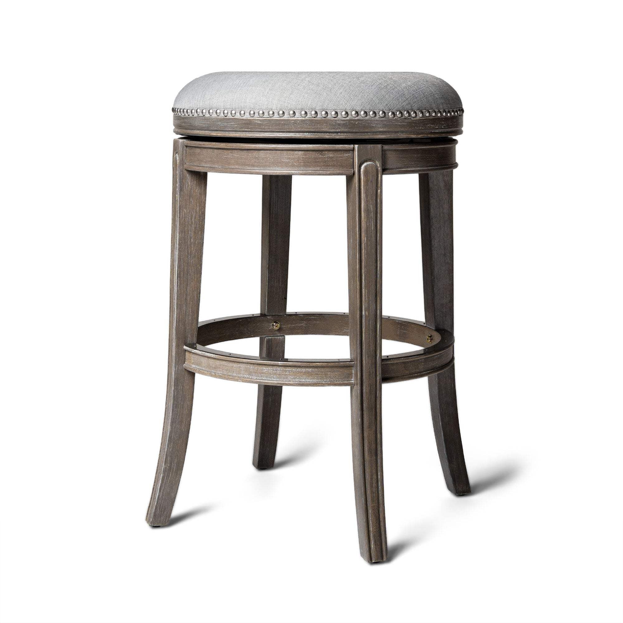 Maven Lane Alexander Backless Bar Stool in Reclaimed Oak Finish w/ Ash Grey Fabric Upholstery