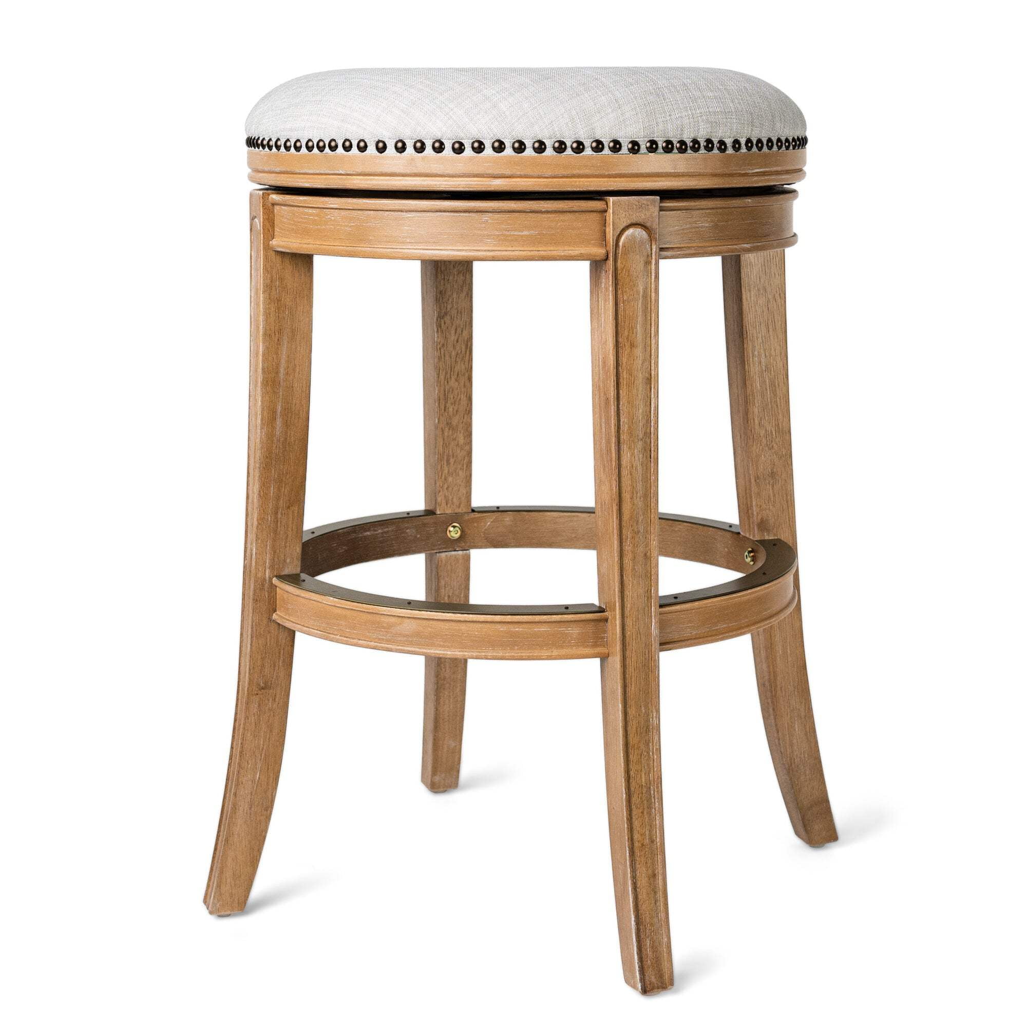 Maven Lane Alexander Backless Bar Stool in Weathered Oak Finish w/ Sand Color Fabric Upholstery