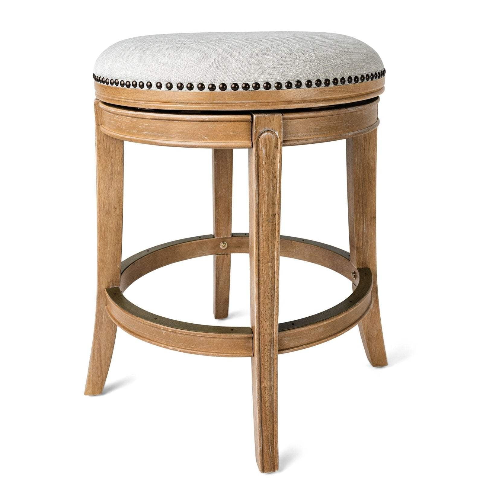 Weathered Oak Backless Swivel Counter Stool with Sand Upholstery