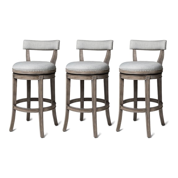 Maven Lane Alexander Bar Stool, Reclaimed Oak Finish & Ash Grey Fabric, Set of 3