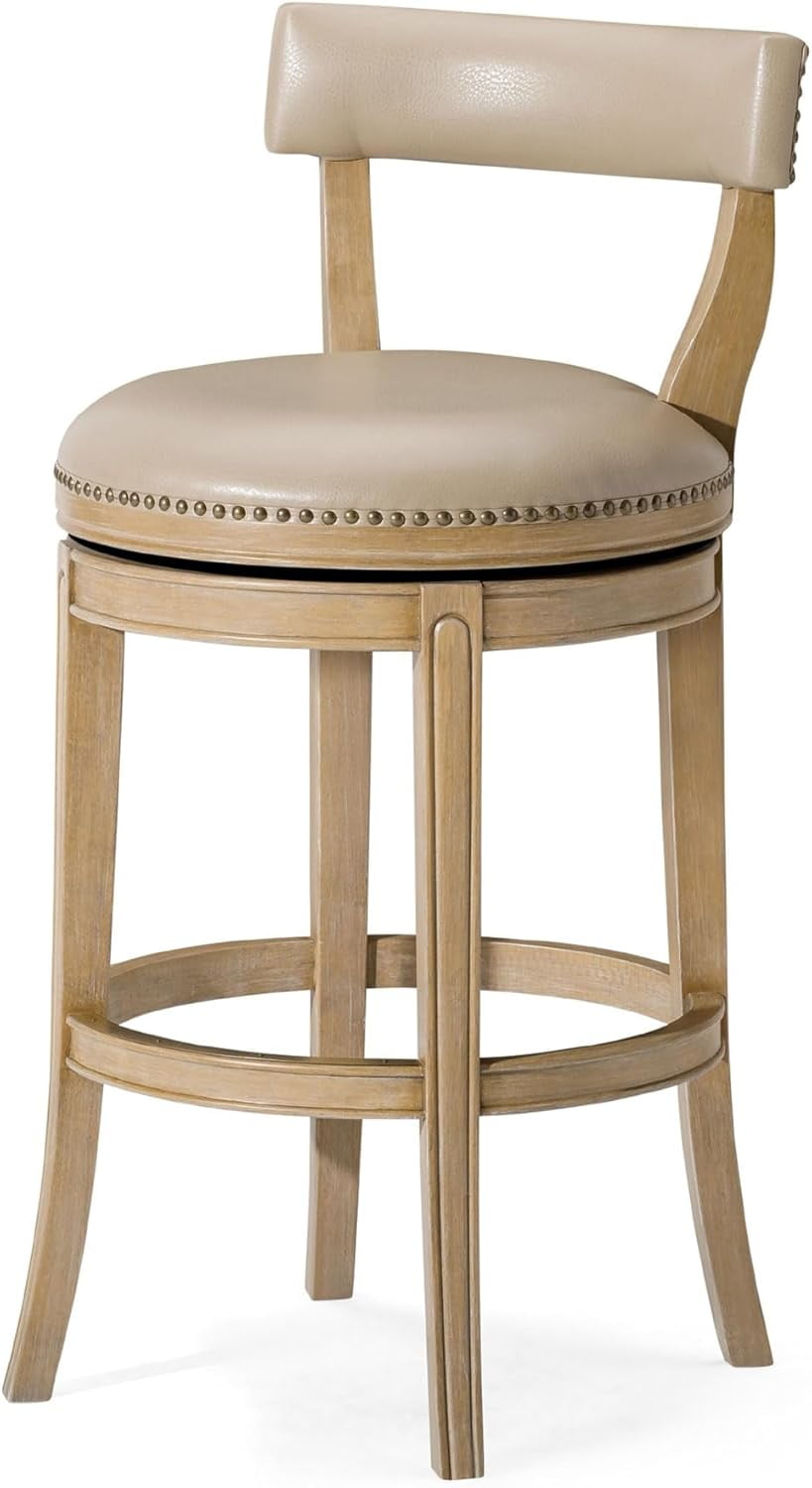 Weathered Oak Swivel Bar Stool with Vegan Leather Upholstery