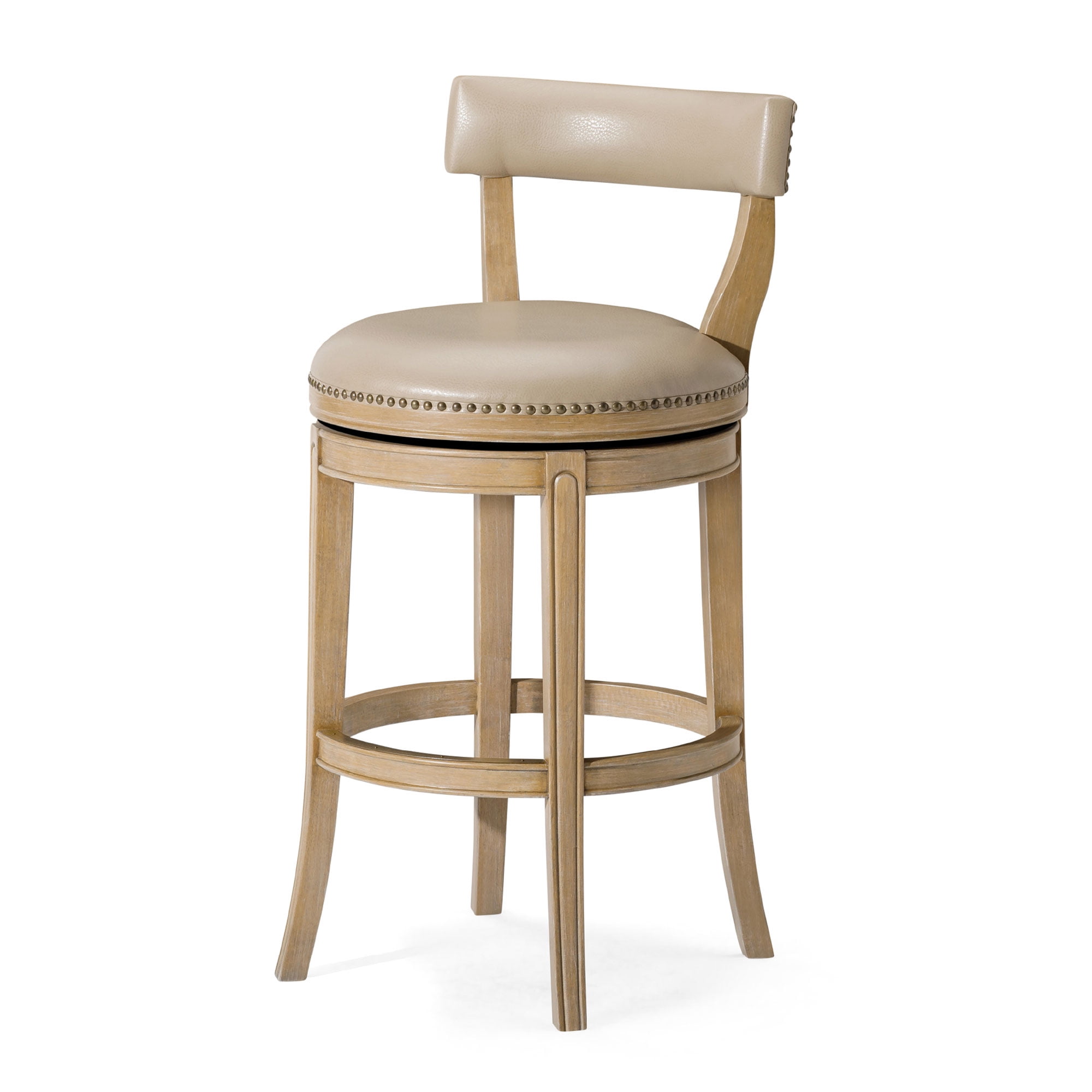 Weathered Oak Swivel Bar Stool with Vegan Leather Upholstery