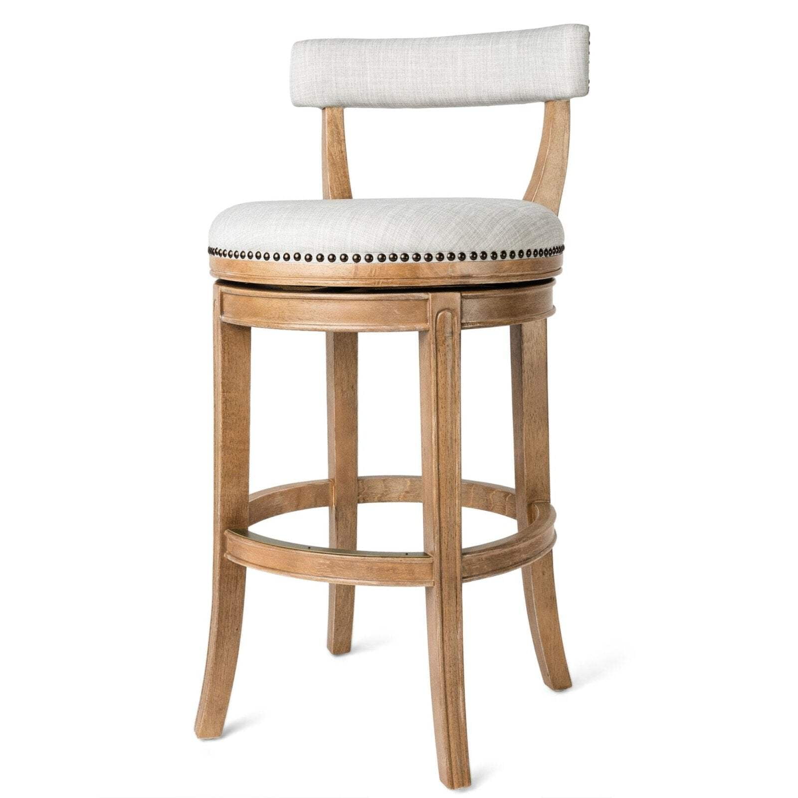 Weathered Oak Swivel Bar Stool with Vegan Leather Upholstery
