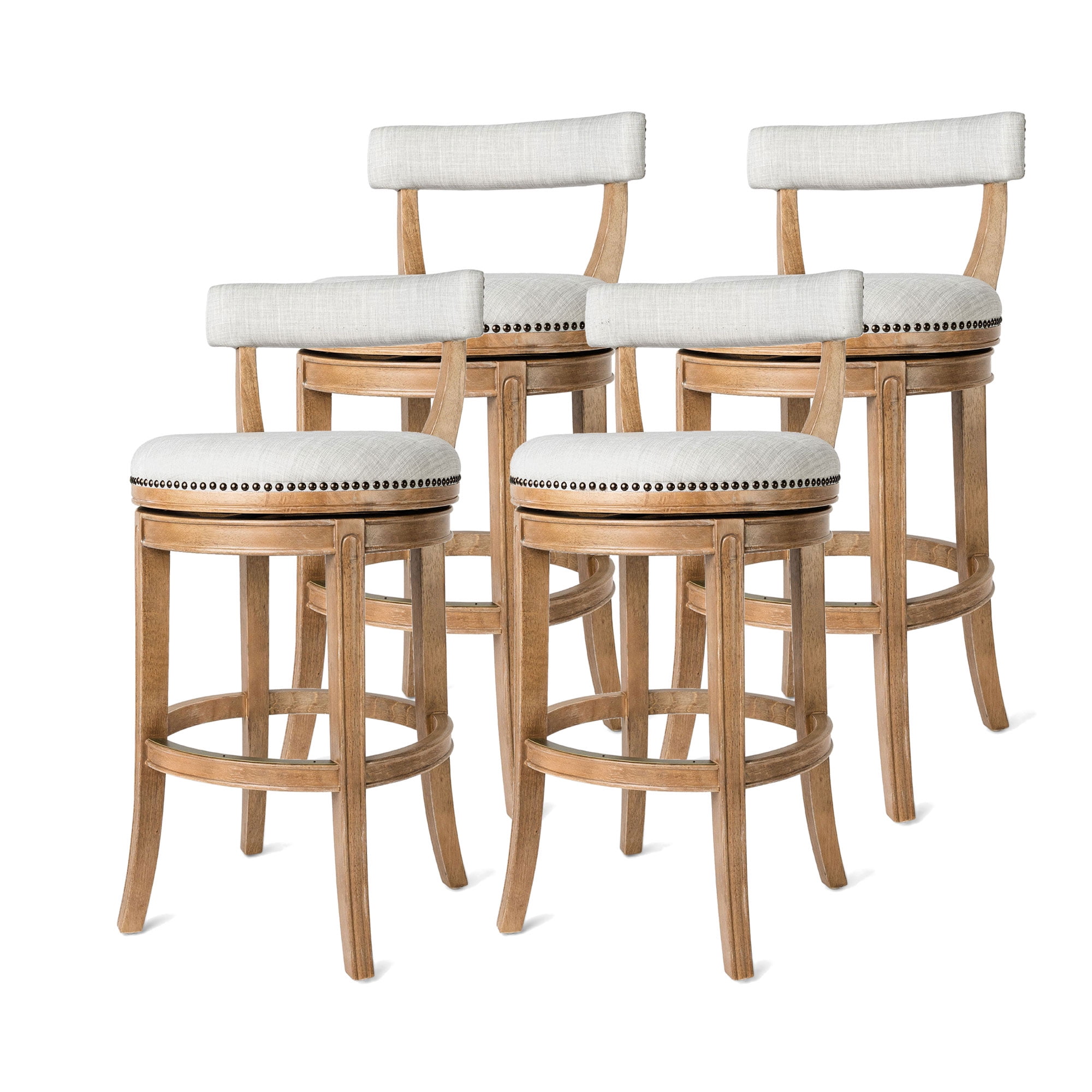 Alexander Weathered Oak Swivel Bar Stools with Sand Fabric, Set of 4