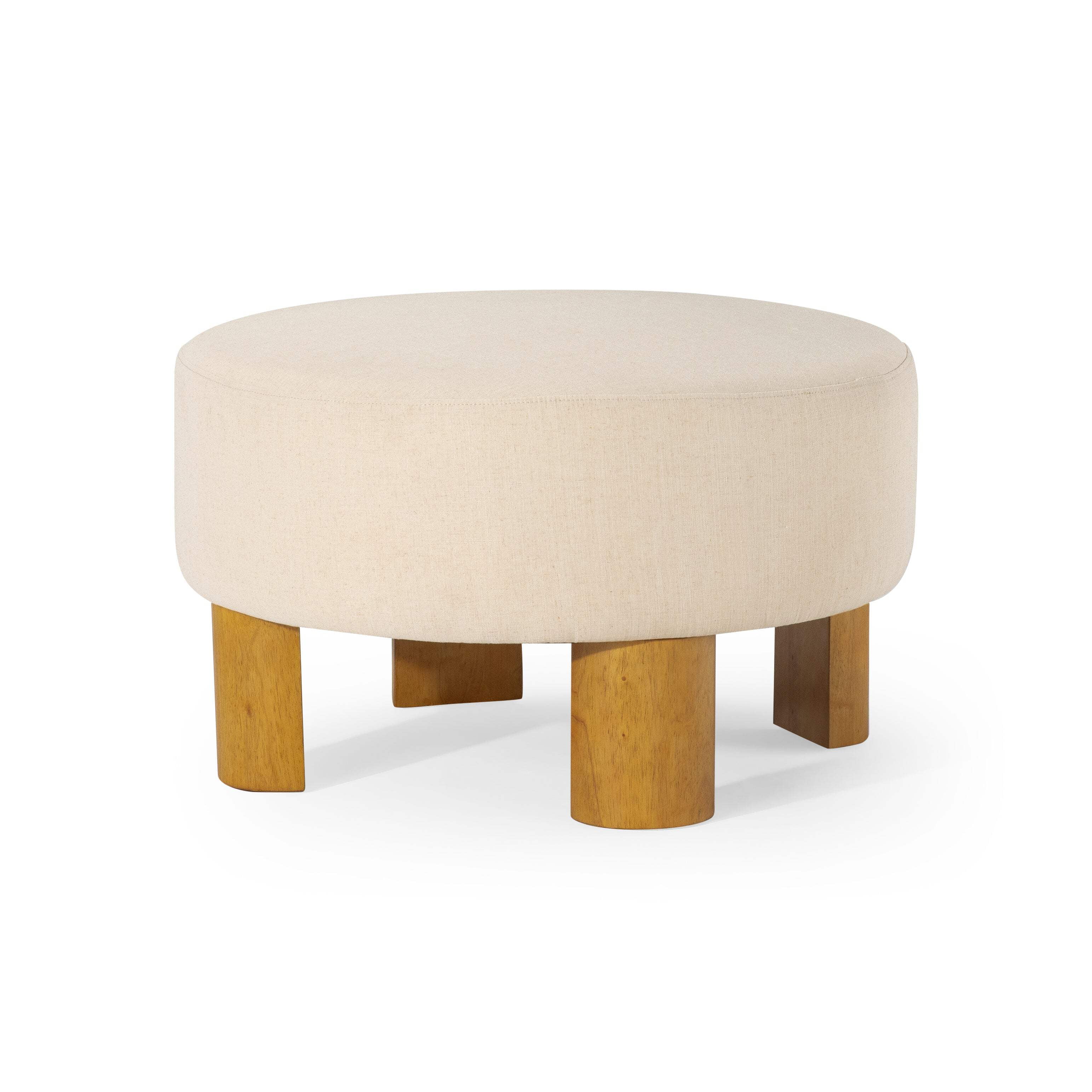 Celia Round Beige Upholstered Ottoman with Natural Wood Legs