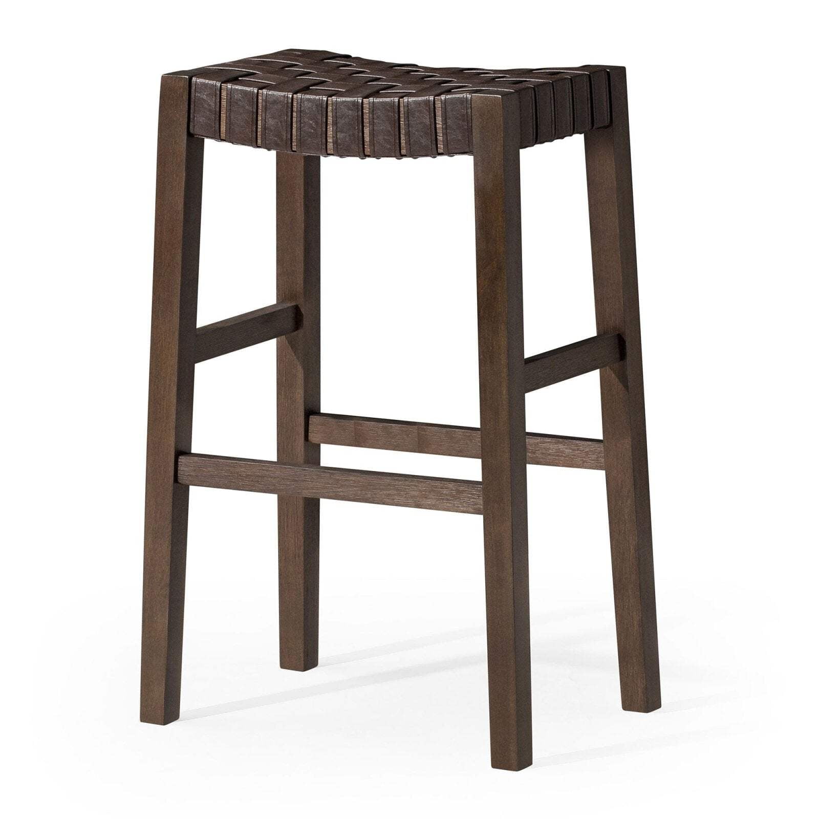 Maven Lane 31" Emerson Bar Height Stool - Weathered Brown Wood Finish & Marksman Saddle Vegan Leather Bar Stools - Artisan Backless Design Brings Rustic Elegance to Your Kitchen, Dining Area