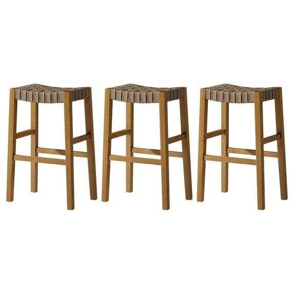 Maven Lane Emerson Bar Stool, Weathered Natural with Avanti Bone Vegan Leather, Set of 3