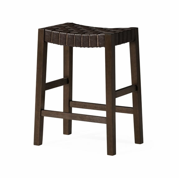 Maven Lane Emerson Counter Stool, Weathered Brown Wood Finish with Marksman Saddle Vegan Leather