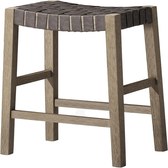 Maven Lane 26" Emerson Counter Height Stool - Weathered Grey Wood Finish & Avanti Bone Vegan Leather Counter Stools - Artisan Backless Design Brings Rustic Elegance to Your Kitchen, Dining Area