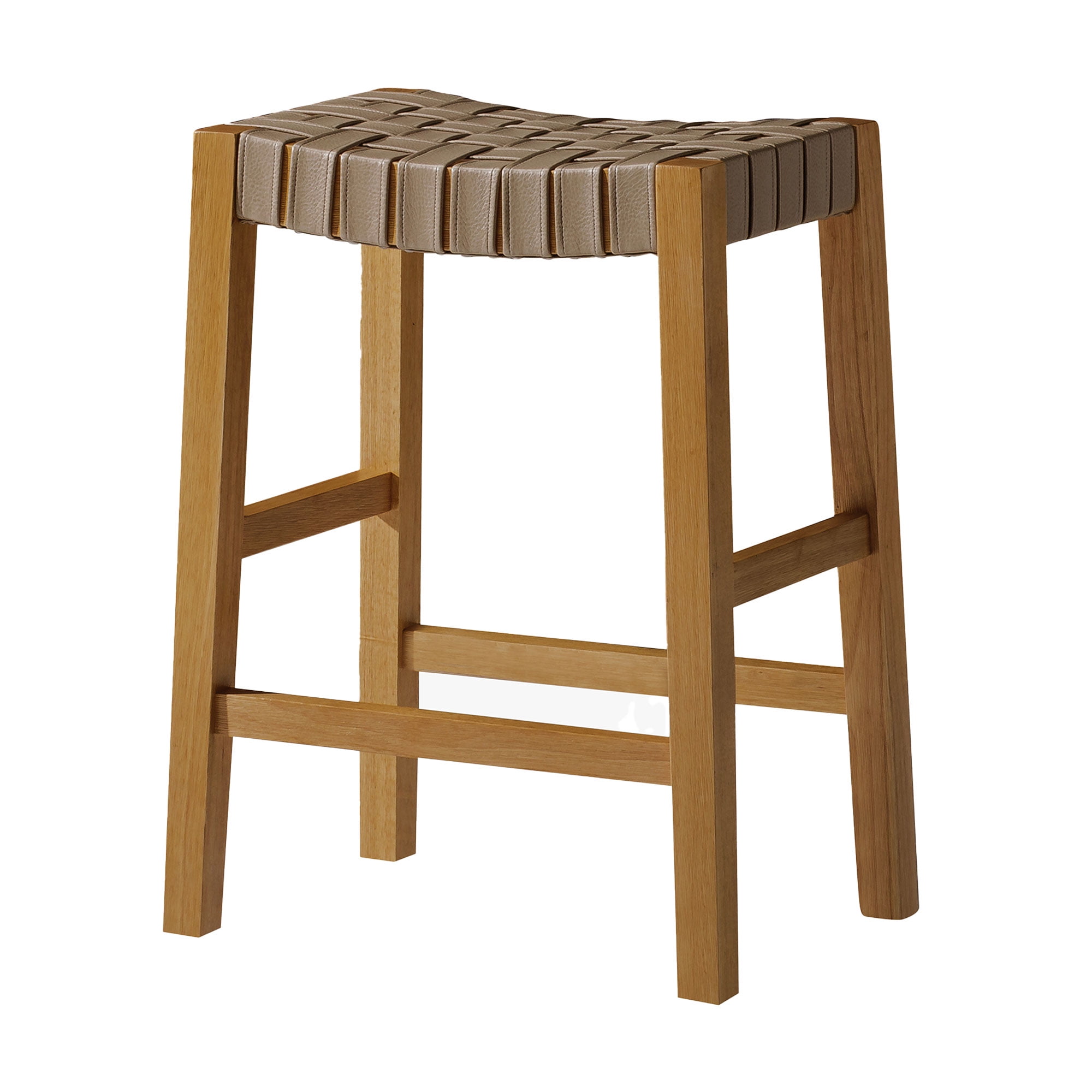 Weathered Natural Wood Backless Saddle Counter Stool with Vegan Leather Seat