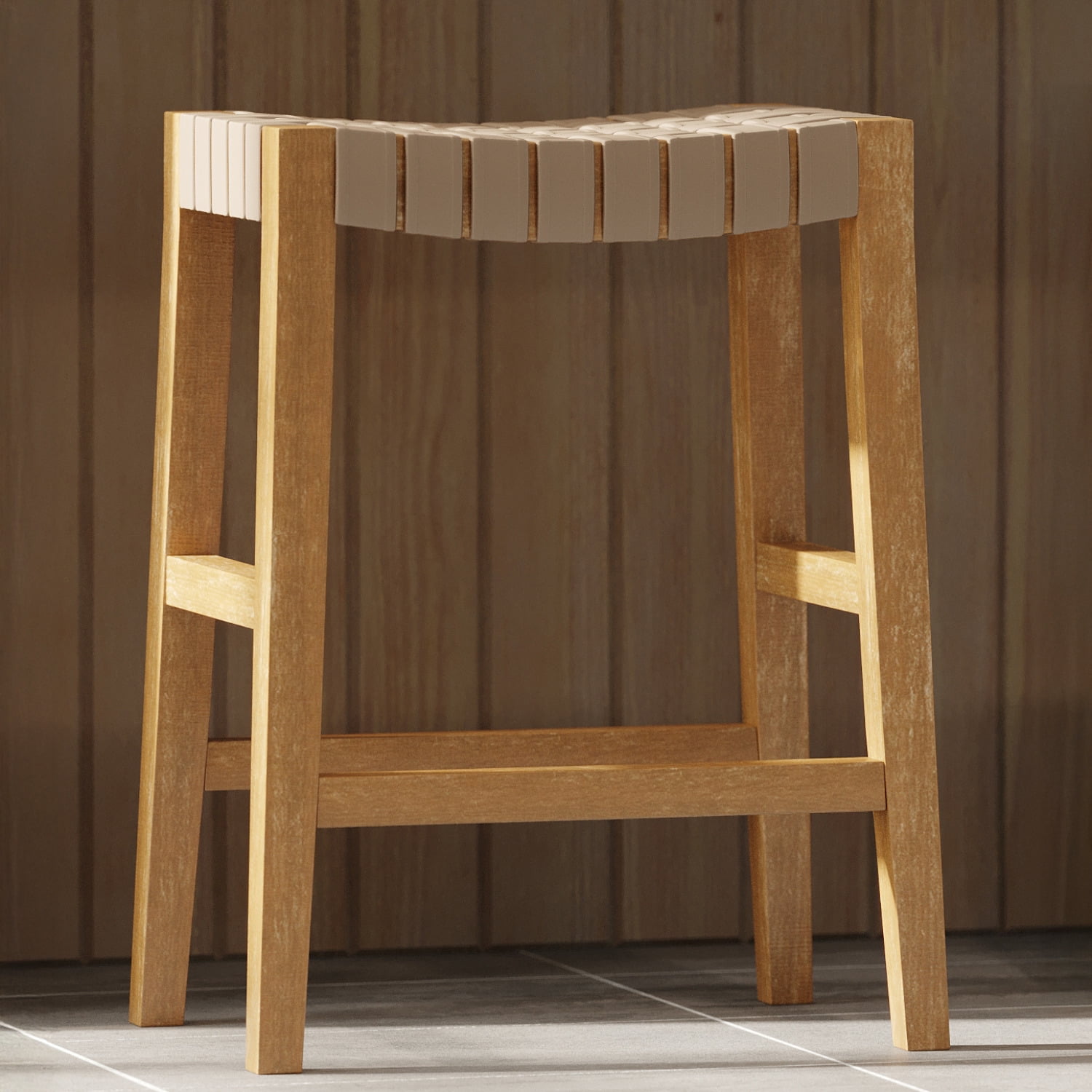 Weathered Natural Wood Backless Saddle Counter Stool with Vegan Leather Seat