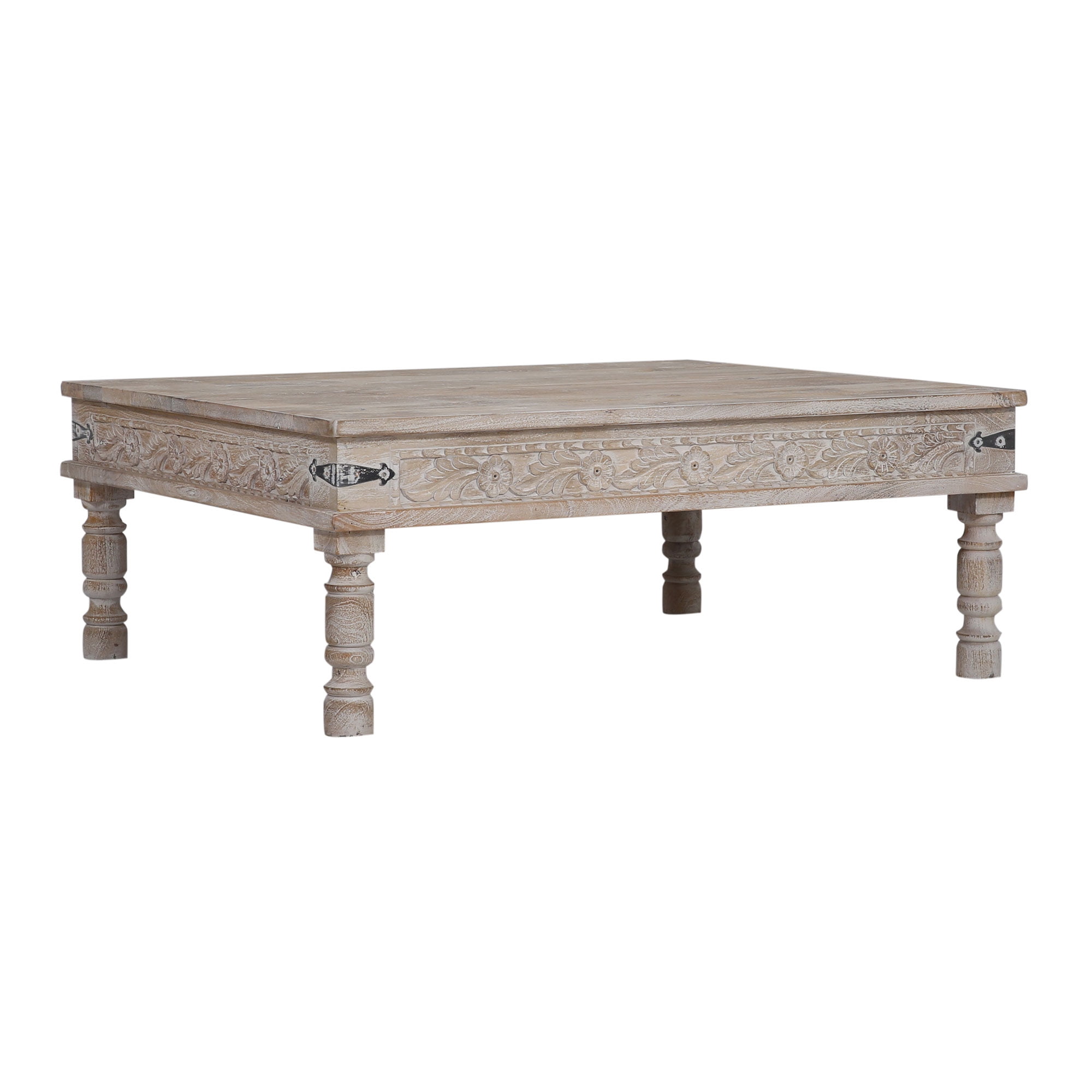 Emin Natural Mango Wood Rectangular Coffee Table with Carved Details