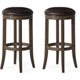 thumbnail image 1 of Maven Lane Eva 31 Inch Tall Bar Height Rotating Backless Barstool in Walnut Finish with Marksman Saddle Vegan Leather Upholstered Seat, Set of 2, 1 of 6