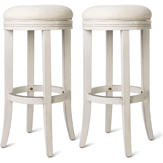 Maven Lane Eva 31 Inch Tall Bar Height Rotating Backless Barstool in White Oak Finish with Natural Color Fabric Upholstered Seat, Set of 2