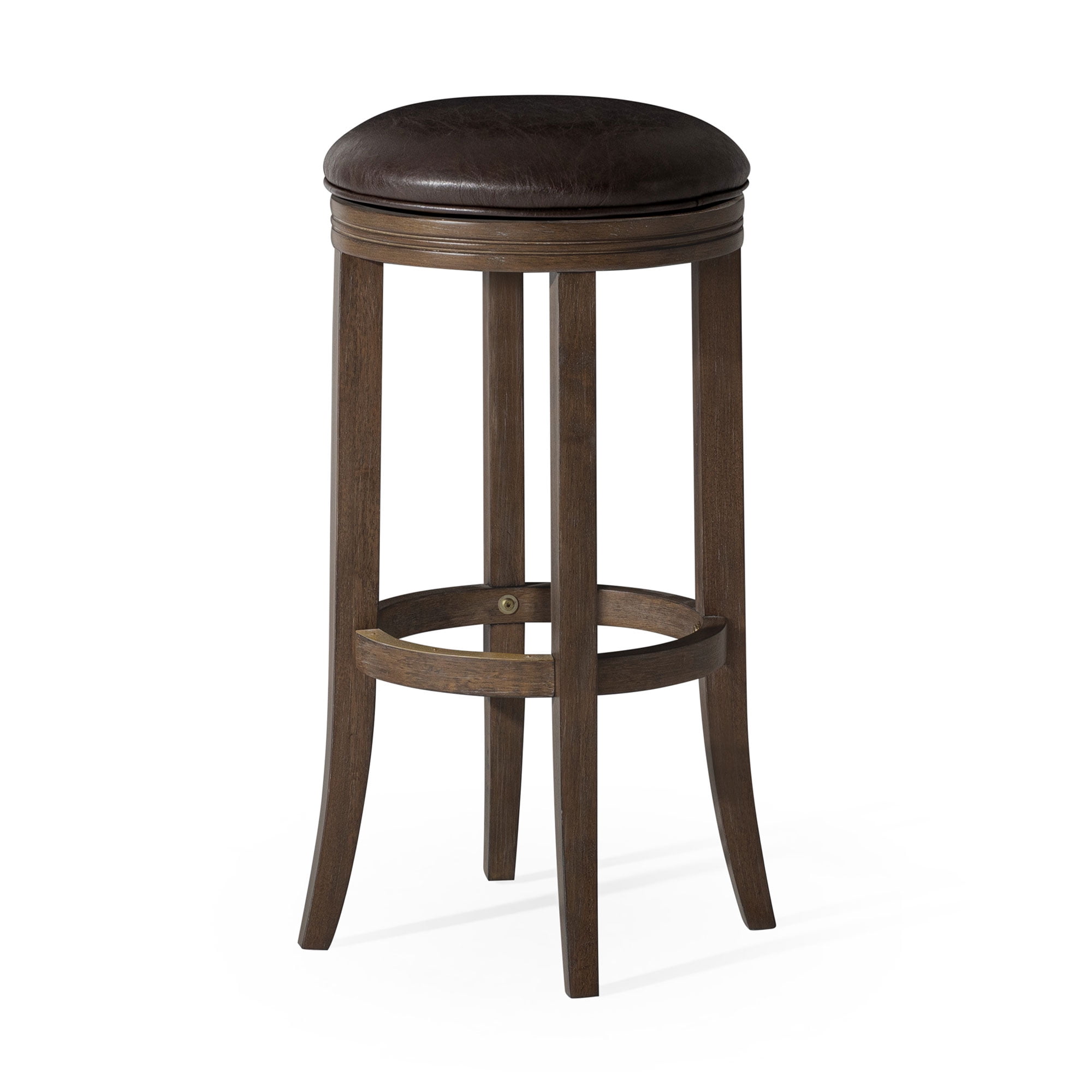 Walnut Swivel Backless Saddle Style Bar Stool with Leather Seat