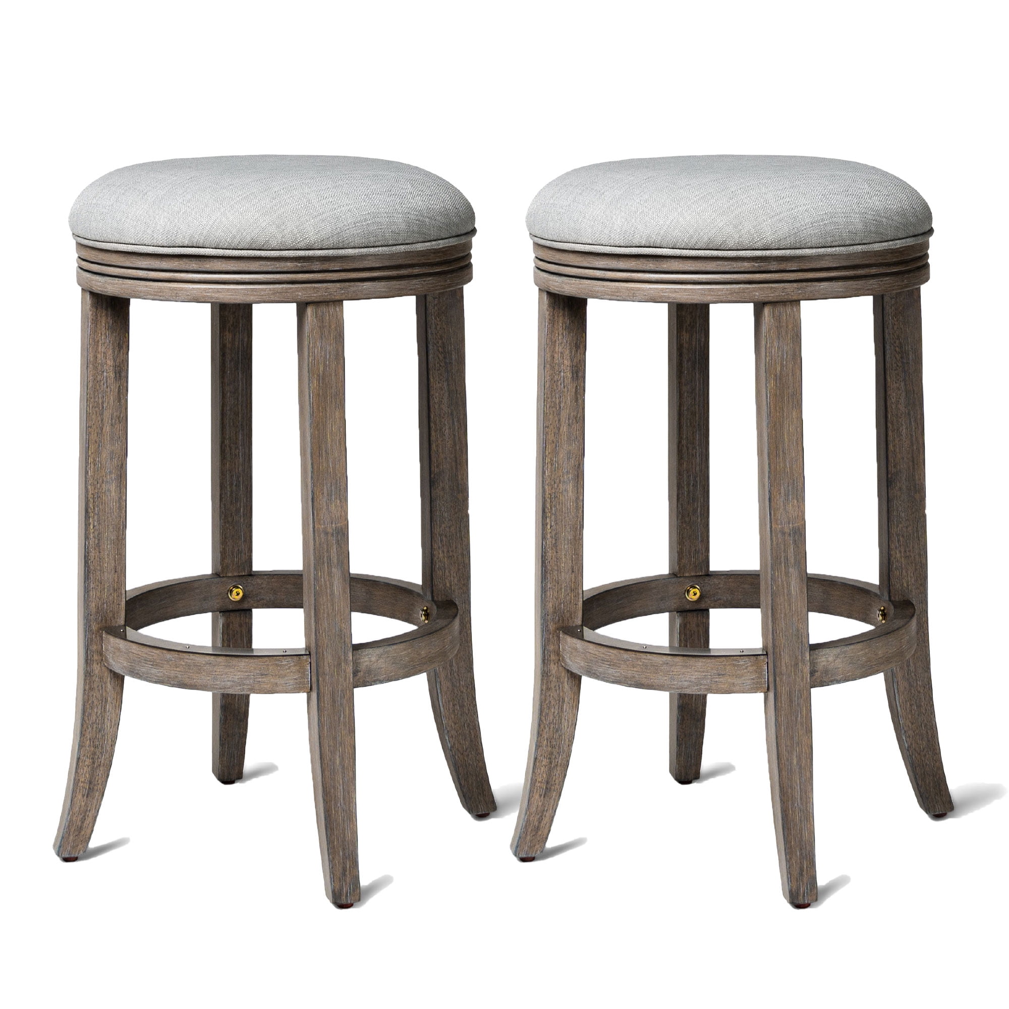 Reclaimed Oak Backless Swivel Counter Stools with Gray Upholstered Seats, Set of 2