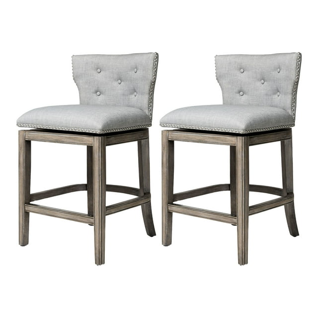 Maven Lane Hugo Counter Stool, Reclaimed Oak Finish & Ash Grey Fabric, Set of 2