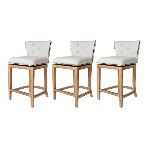 Maven Lane Hugo Counter Stool, Weathered Oak w/ Sand Fabric Upholstery, Set of 3