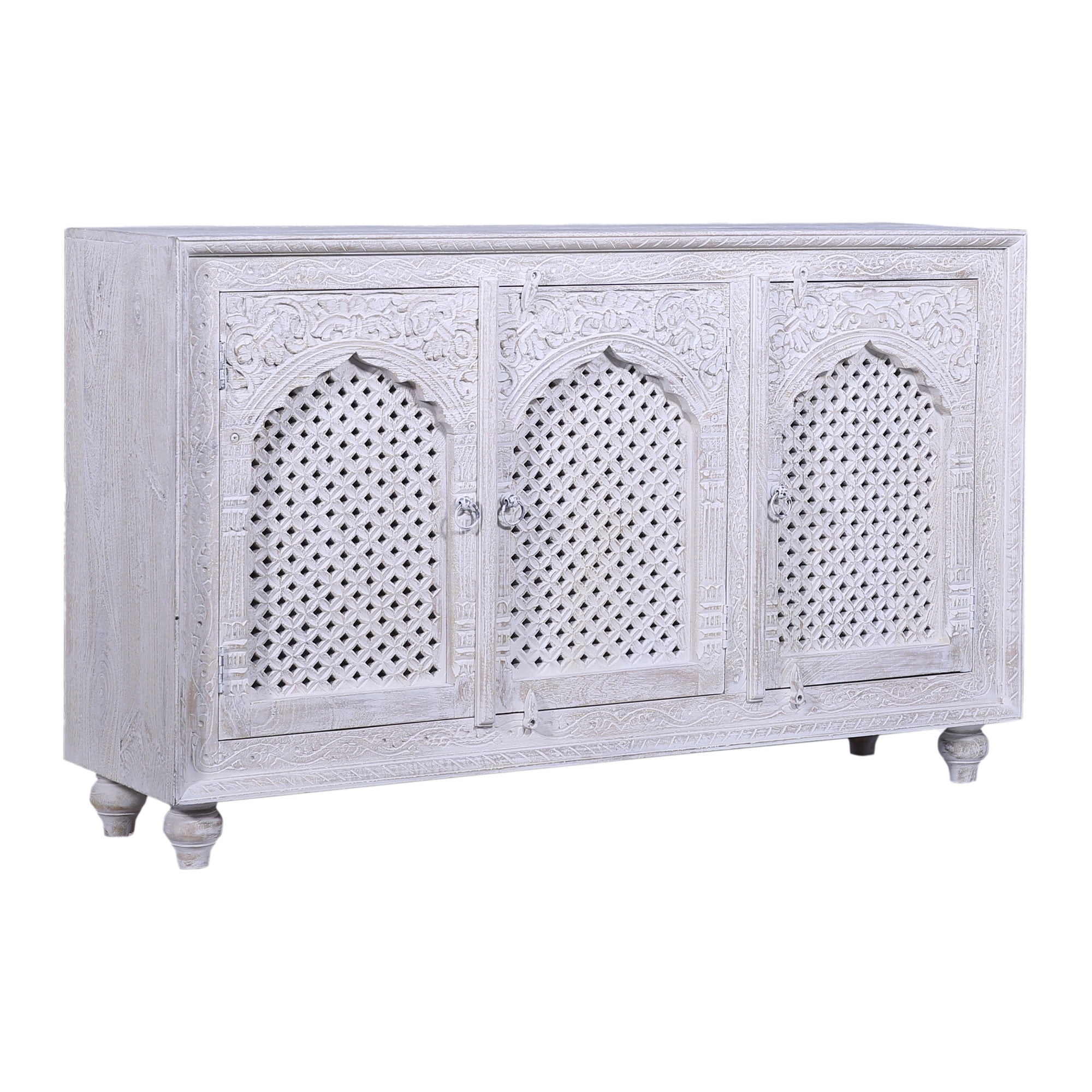 Patrin Distressed White Wooden Sideboard with Carved Doors