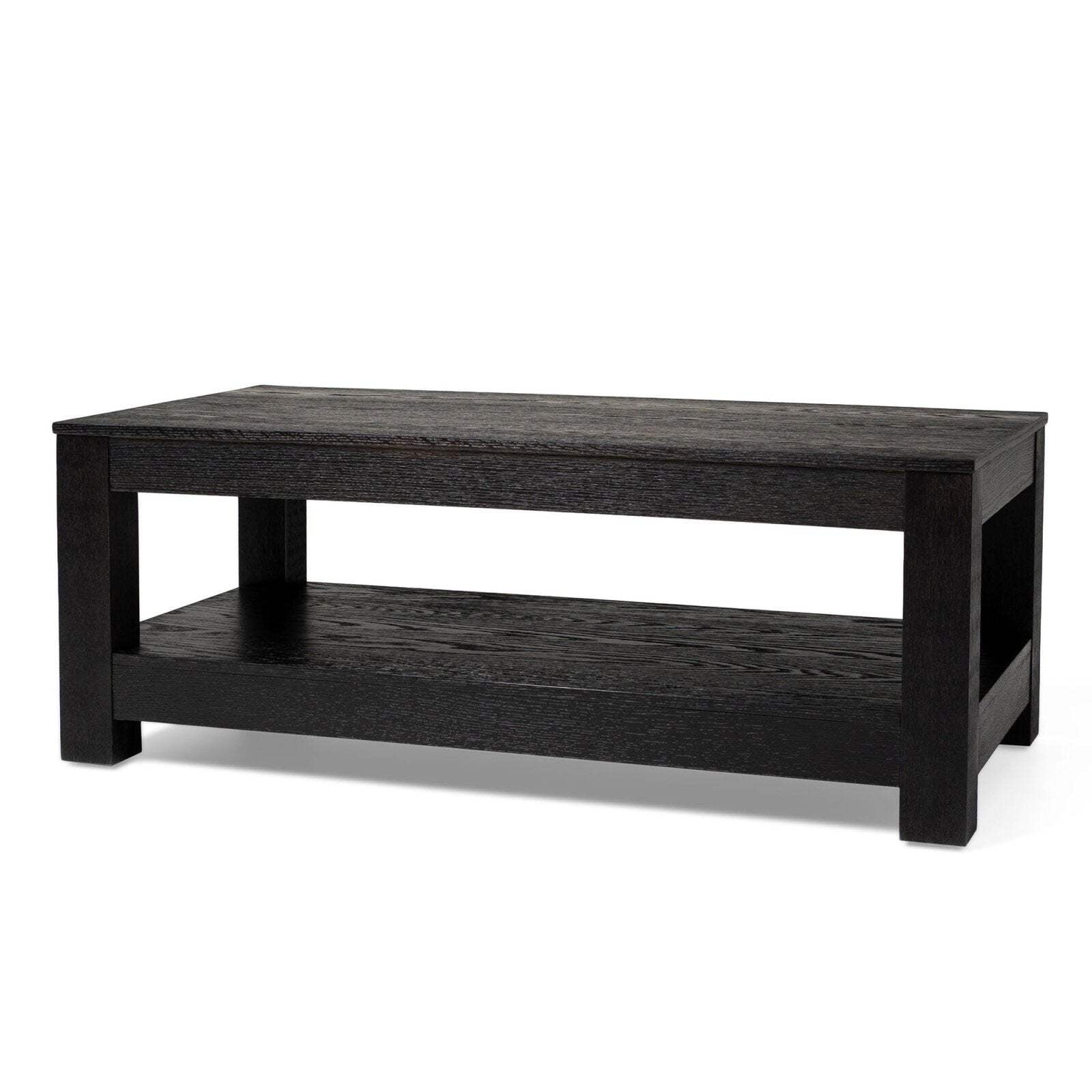Paulo Weathered Black Solid Wood Rectangular Coffee Table with Shelf